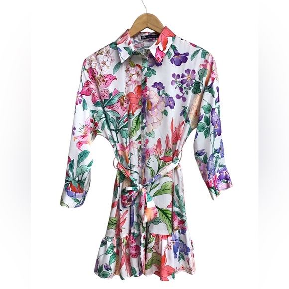 Zara Floral Ruffled Mini Shirt Dress Bloggers Fave - Picture 3 of 12